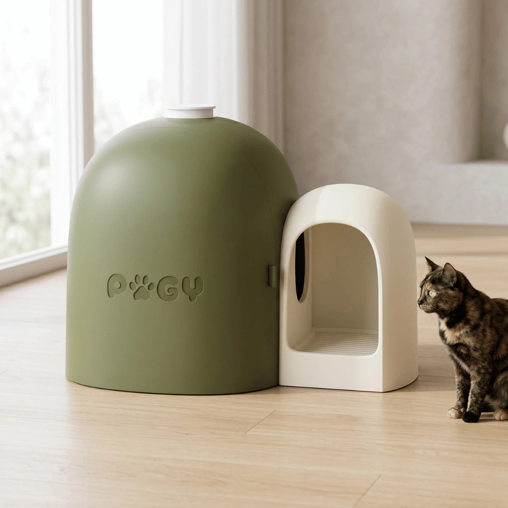 Caixa de areia fechada estilo corredor anti-odor Pugy Clean Corridor — gato entrando pela abertura
