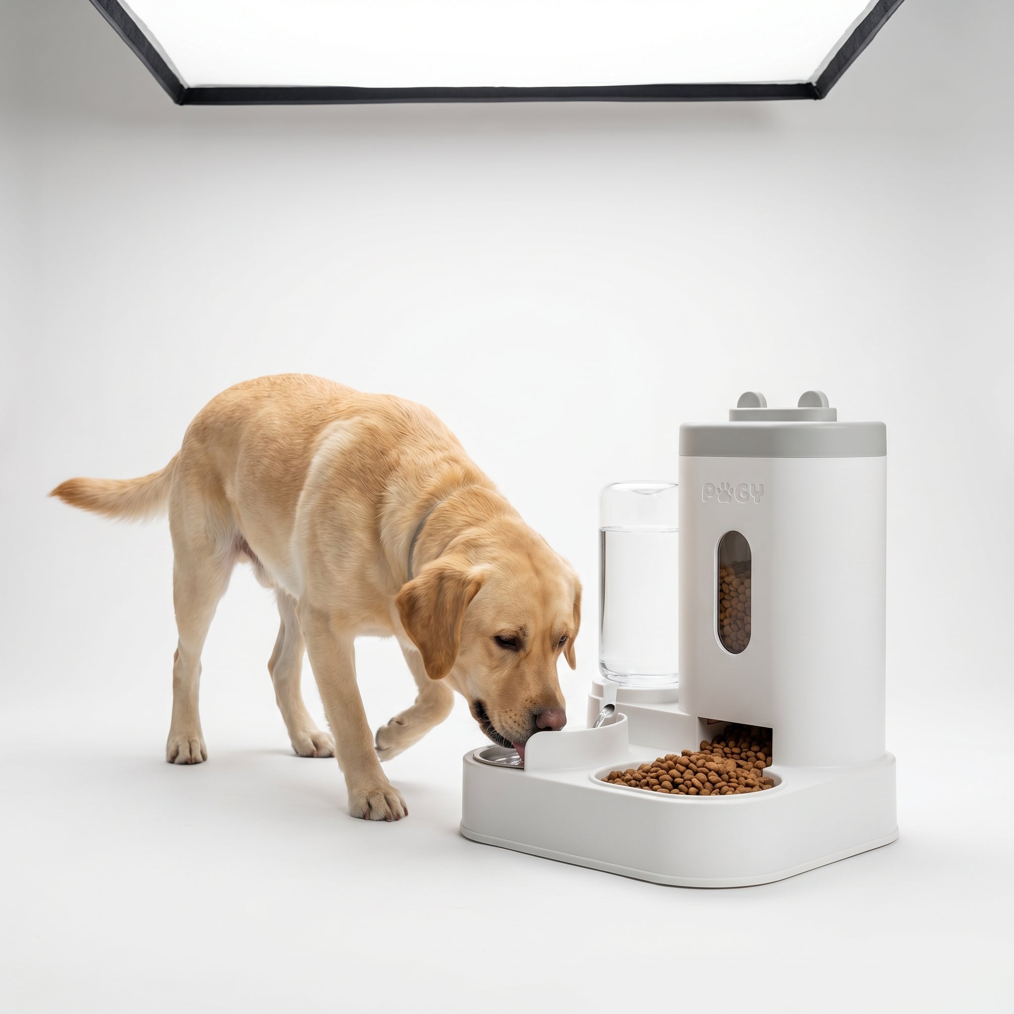 Alimentador automático com fonte de água para pets Pugy — detalhe do filtro e fluxo de água