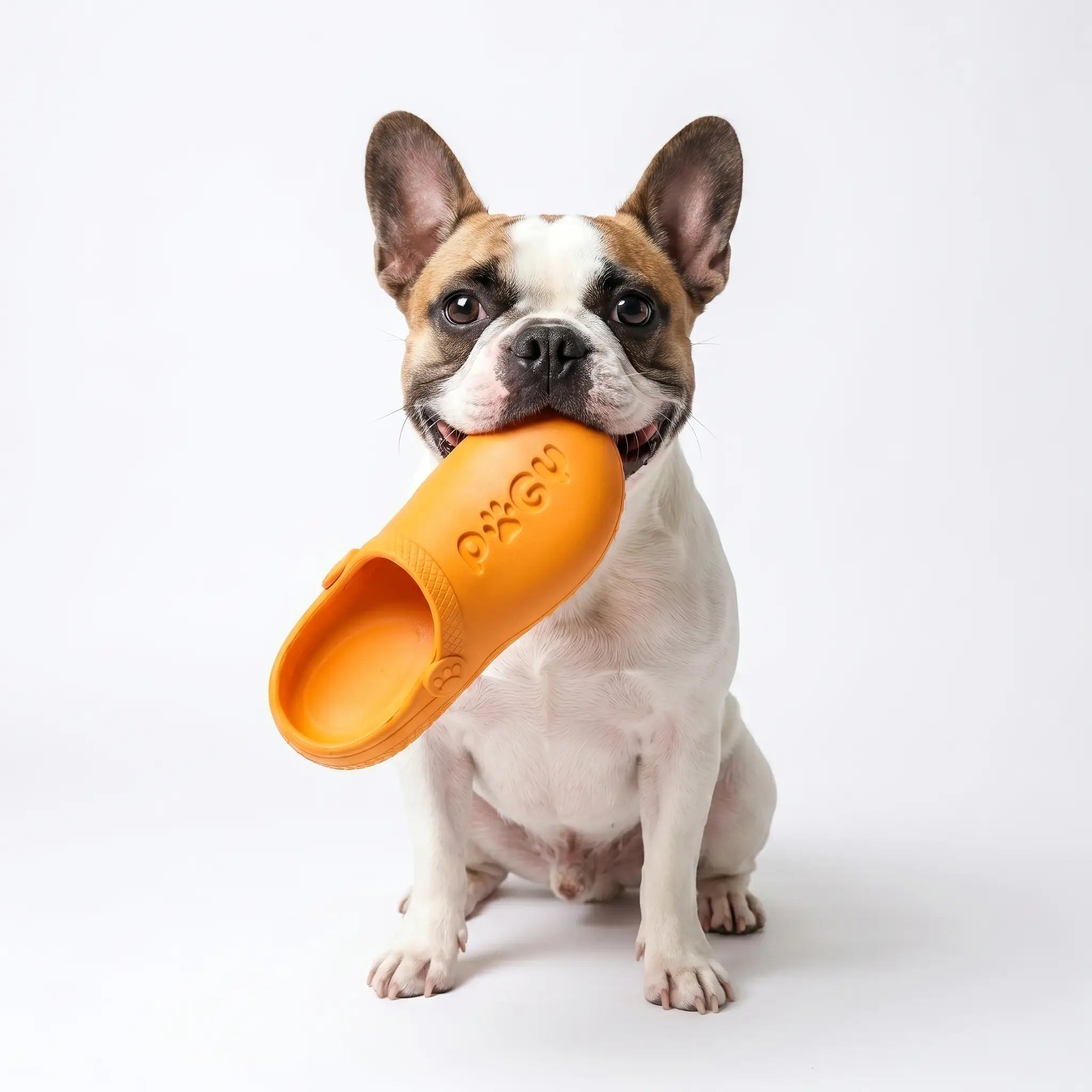Chinelo de látex squeak para cães Pugy — fundo branco estúdio mostrando detalhes do material
