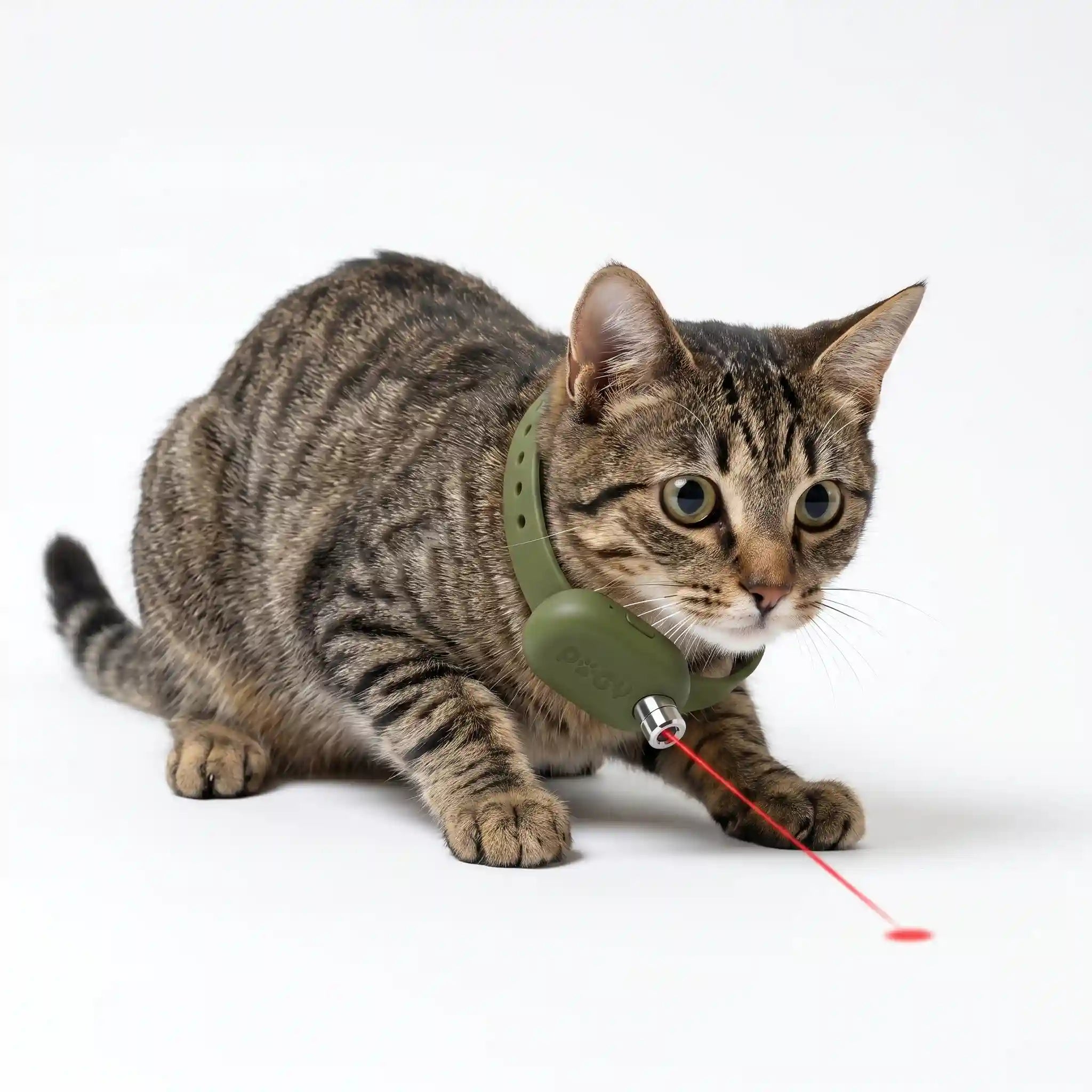 Coleira laser automática para gatos Pugy — detalhe do mecanismo de rotação