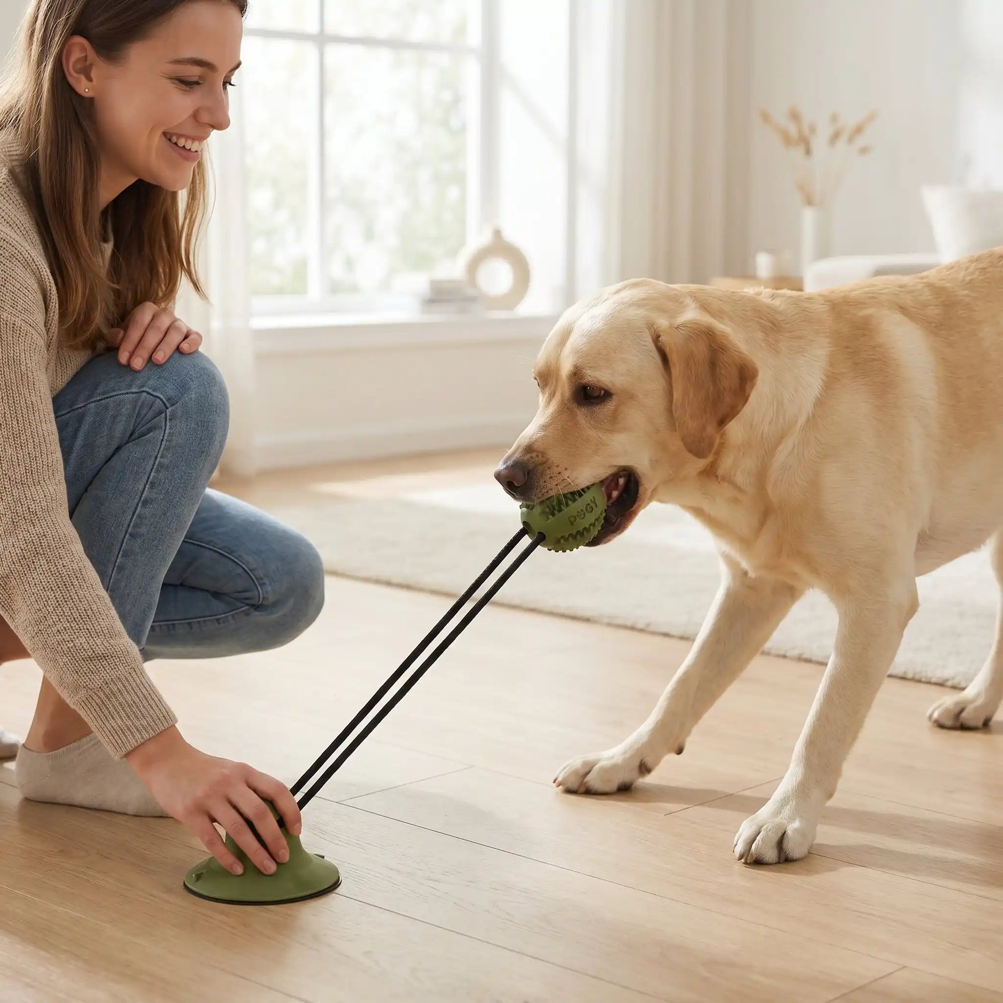 Brinquedo cabo de guerra com ventosa para cães Pugy — cão brincando sozinho em ambiente interno