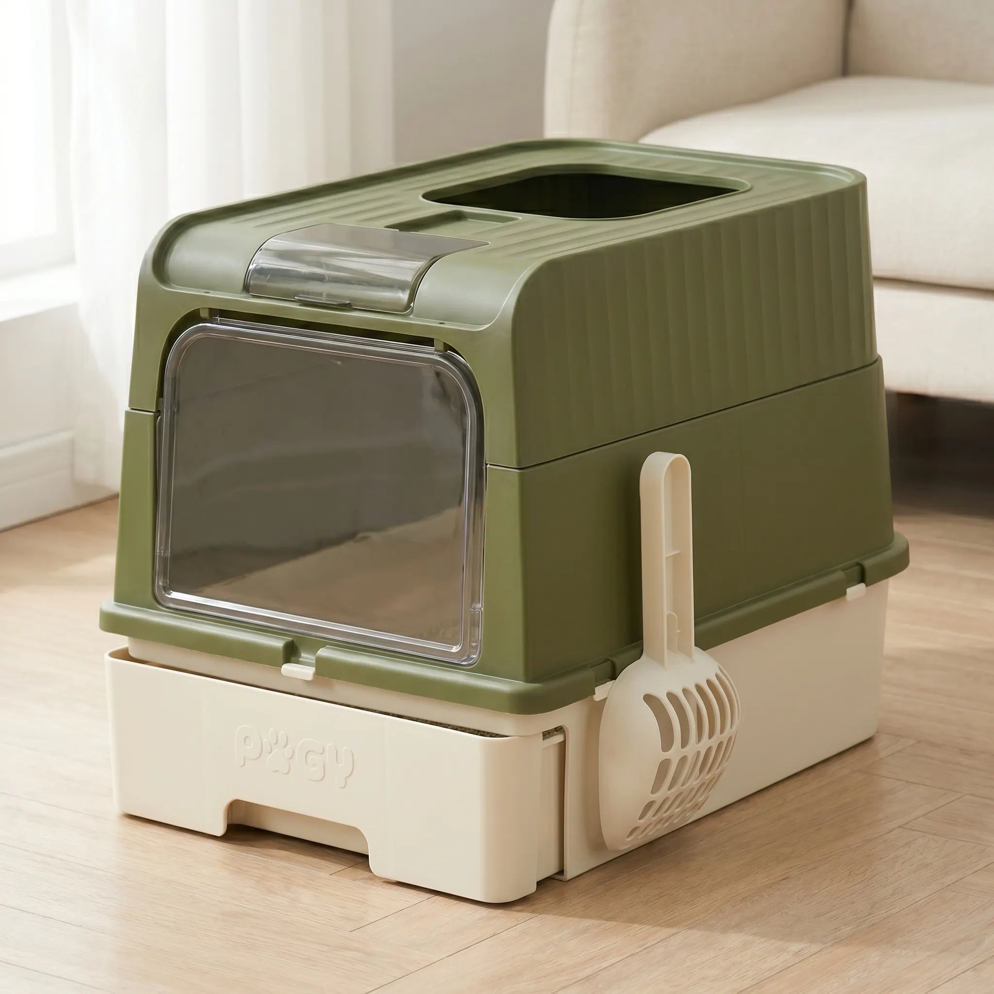 Caixa de areia fechada com gaveta e UV Pugy Clean Drawer UV — gato entrando pela porta lateral