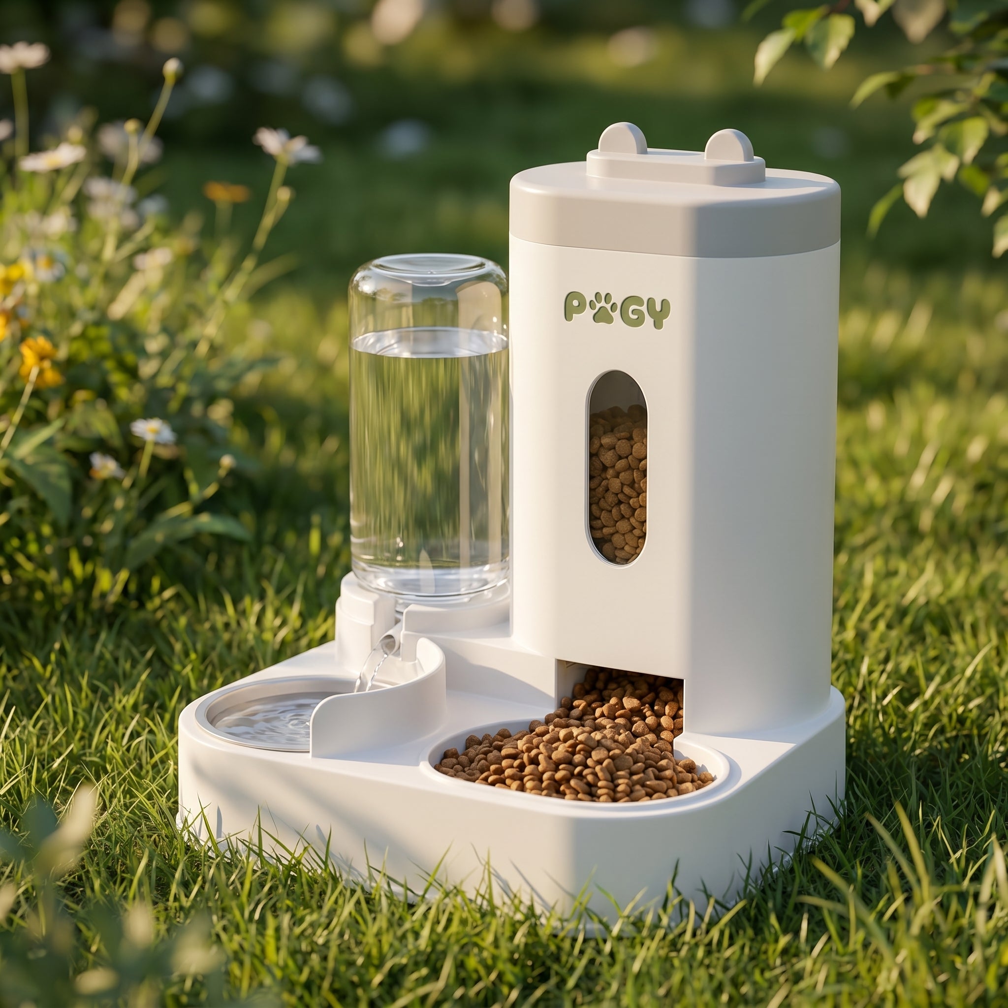 Alimentador automático com fonte de água para pets Pugy — desmontado para limpeza e manutenção