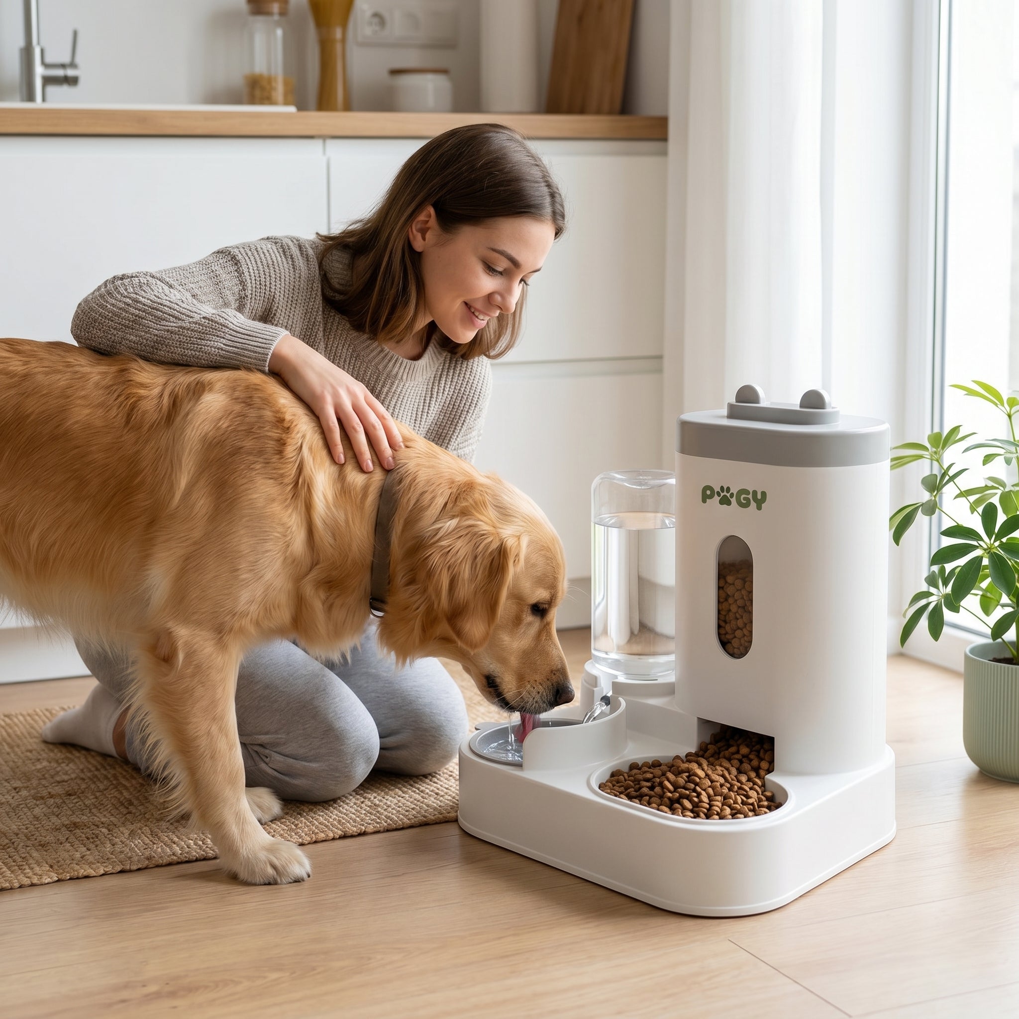 Alimentador automático com fonte de água para pets Pugy — gato bebendo da fonte em funcionamento