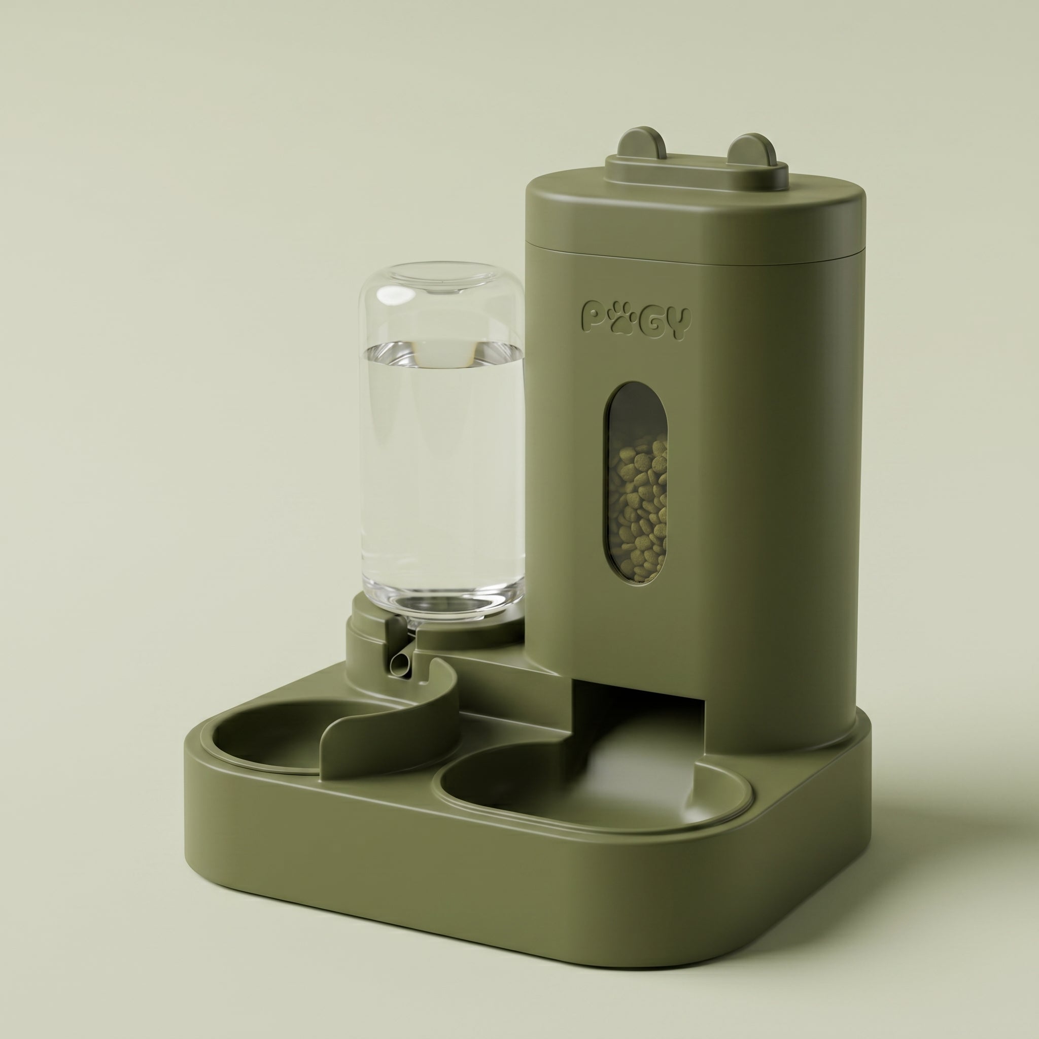 Alimentador automático com fonte de água para pets Pugy — vista frontal do conjunto completo