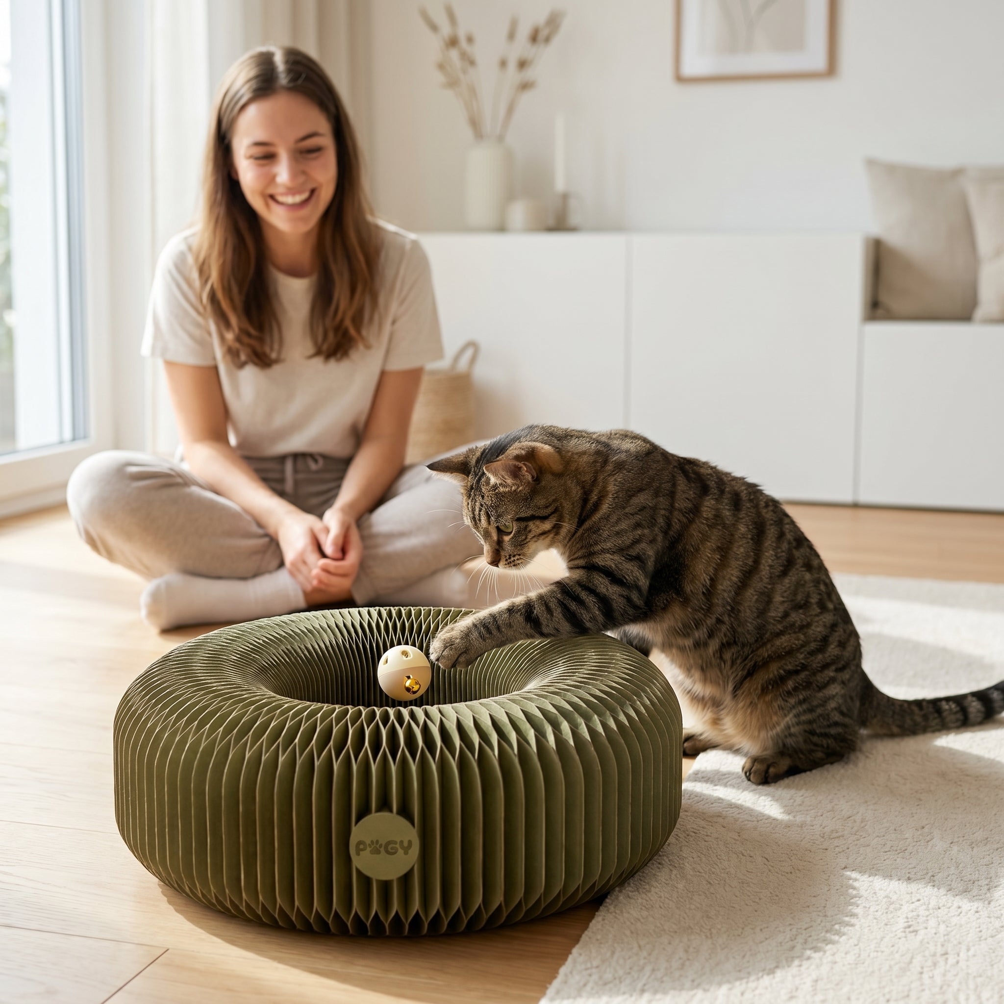 Arranhador ondulado com bolinha para gatos Pugy — vista superior com bolinha no trilho central