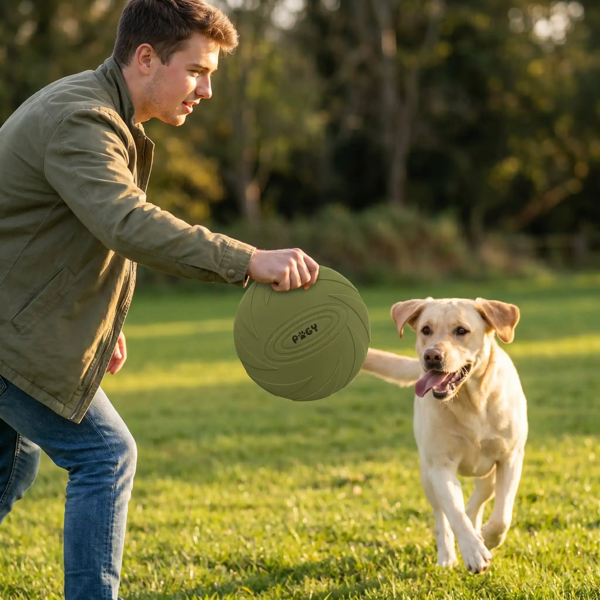 Frisbee de silicone resistente para cães Pugy — comparação de tamanho com mão humana