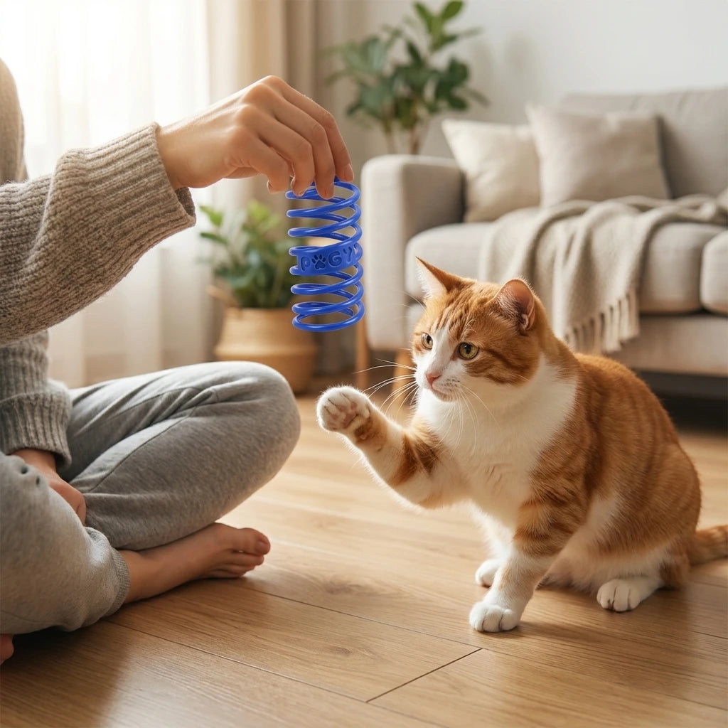 Kit de molas interativas para gatos Pugy — pessoa segurando mola enquanto gato tenta pegar