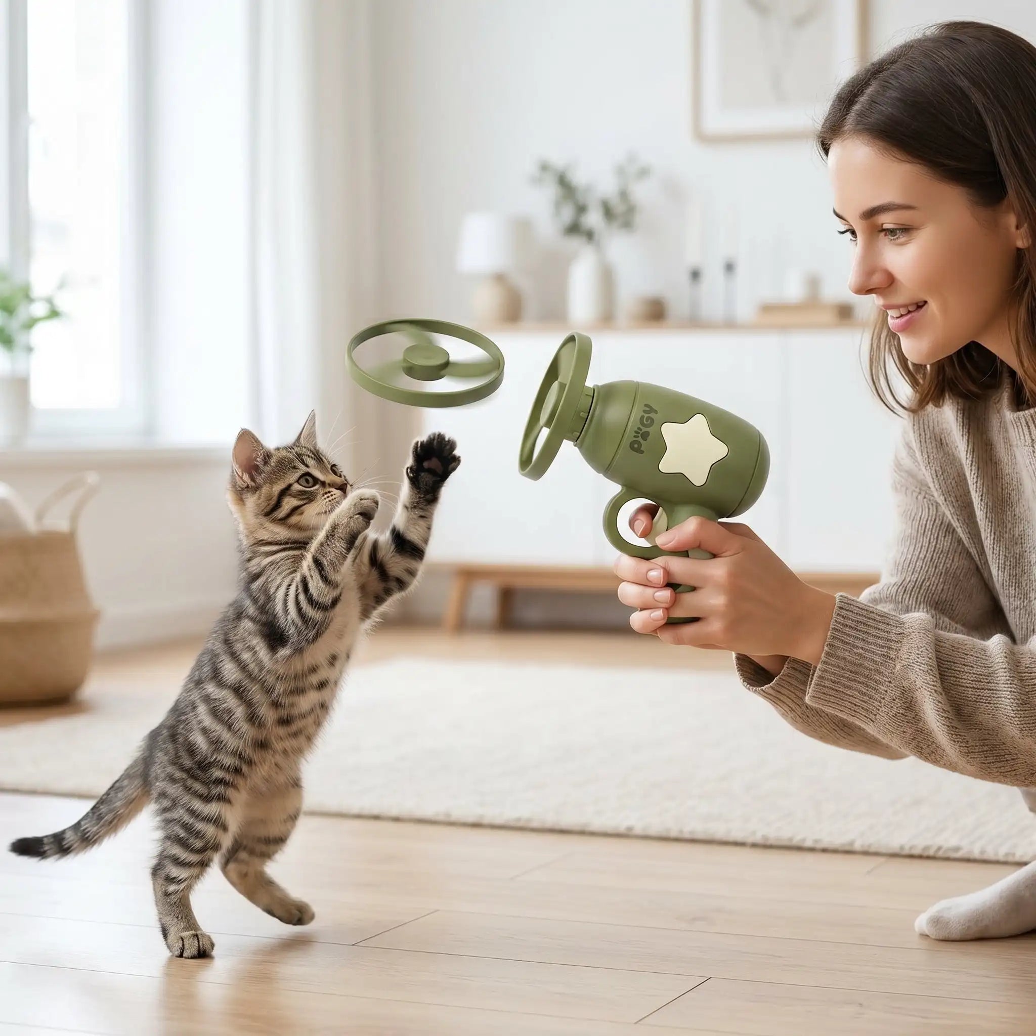 Pistola lança-libélula interativa para gatos Pugy — kit completo com libélulas extras