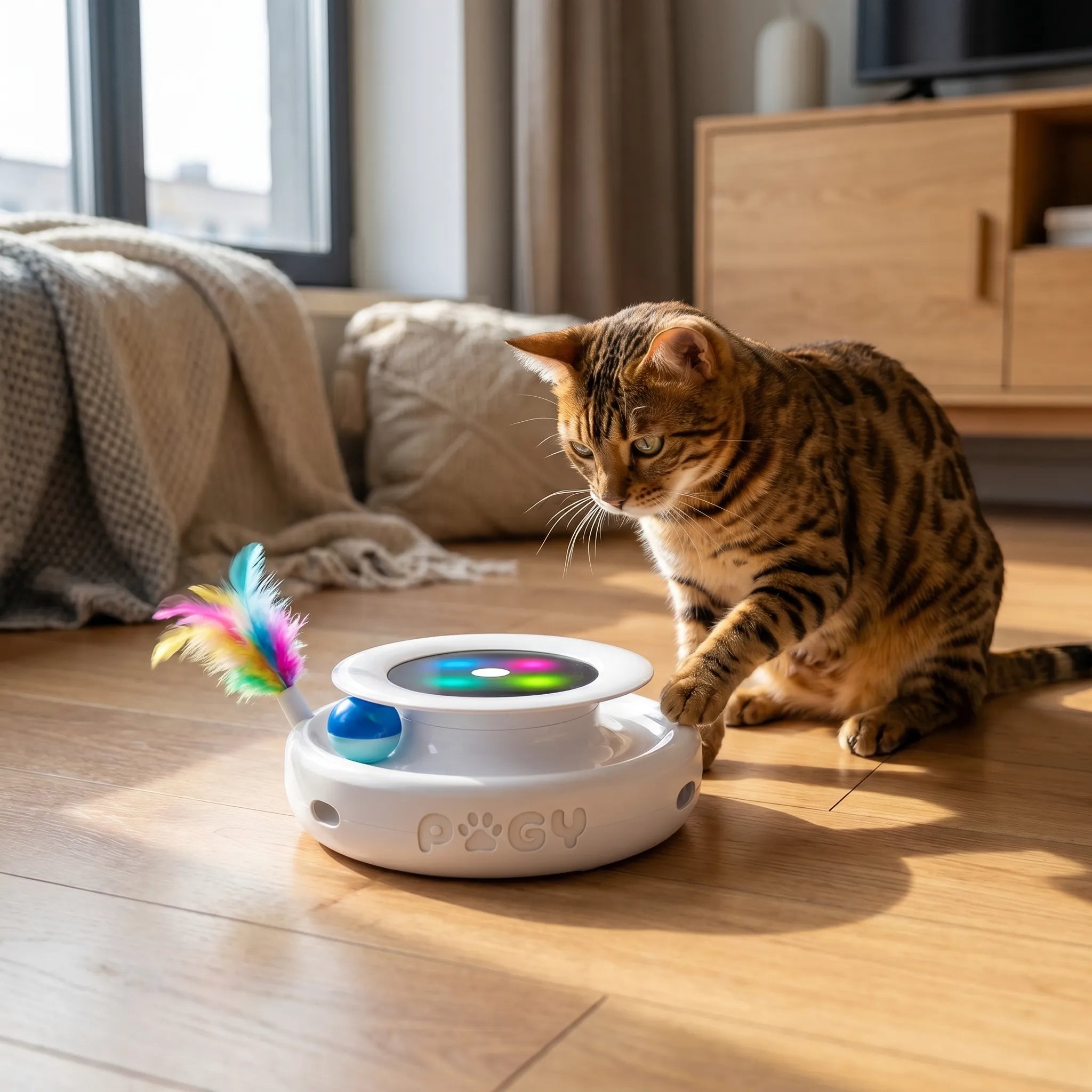 Pugy FeatherSpin — Brinquedo Eletrônico 2 em 1 com Pena e Bola para Gatos