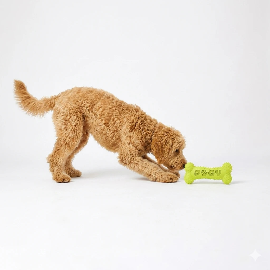 Osso de borracha resistente para cães grandes Pugy — cão de grande porte mordendo o osso