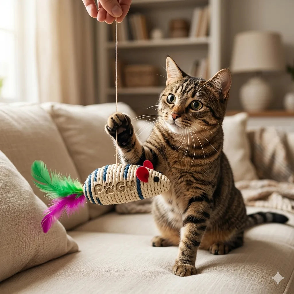 Ratinho de pelúcia com pena para gatos Pugy — detalhe dos materiais macios e pena natural