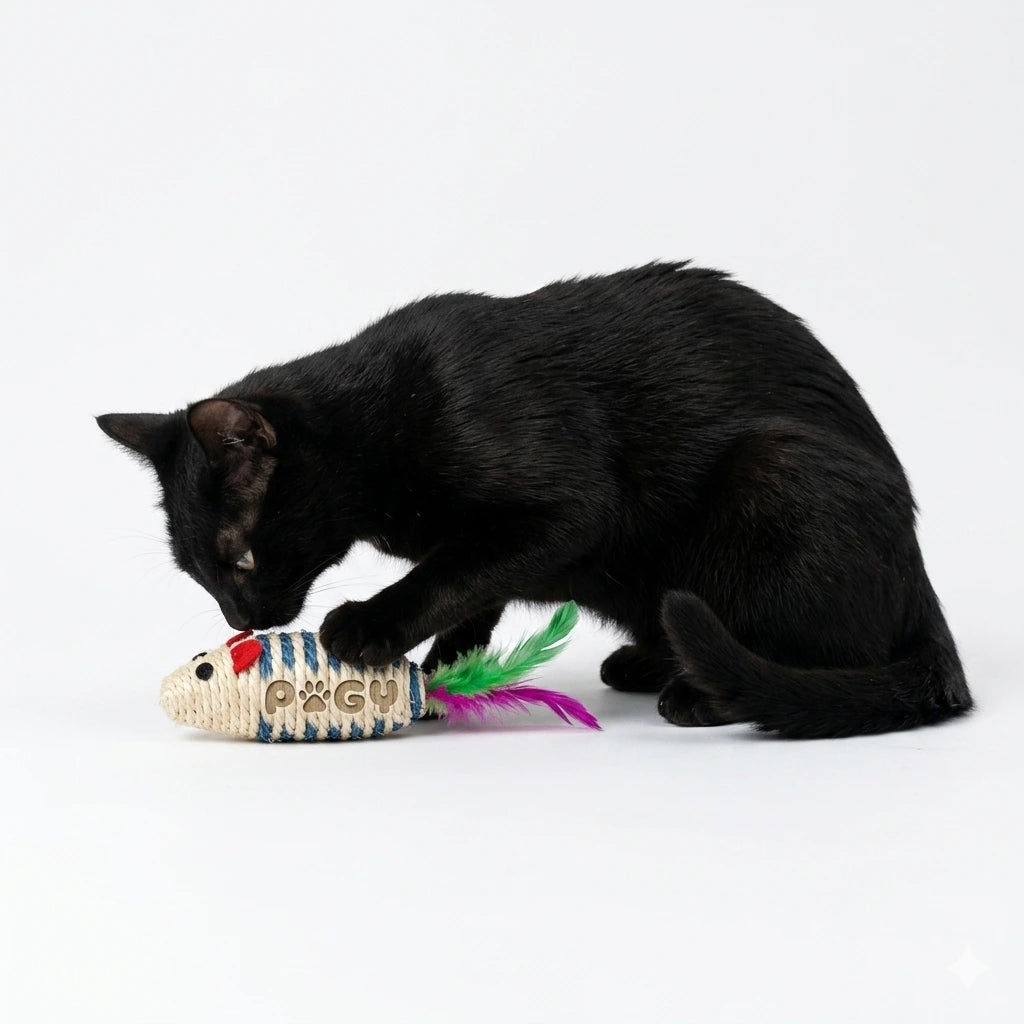Ratinho de pelúcia com pena para gatos Pugy — gato caçando o ratinho durante brincadeira