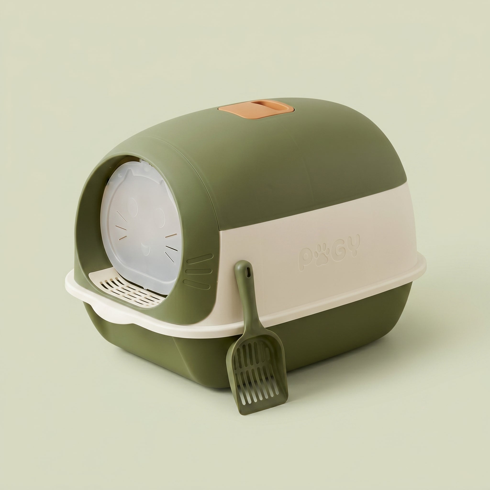 Caixa de areia fechada com esterilização UV Pugy Clean UV 2.0 — lifestyle com gato cinza ao lado