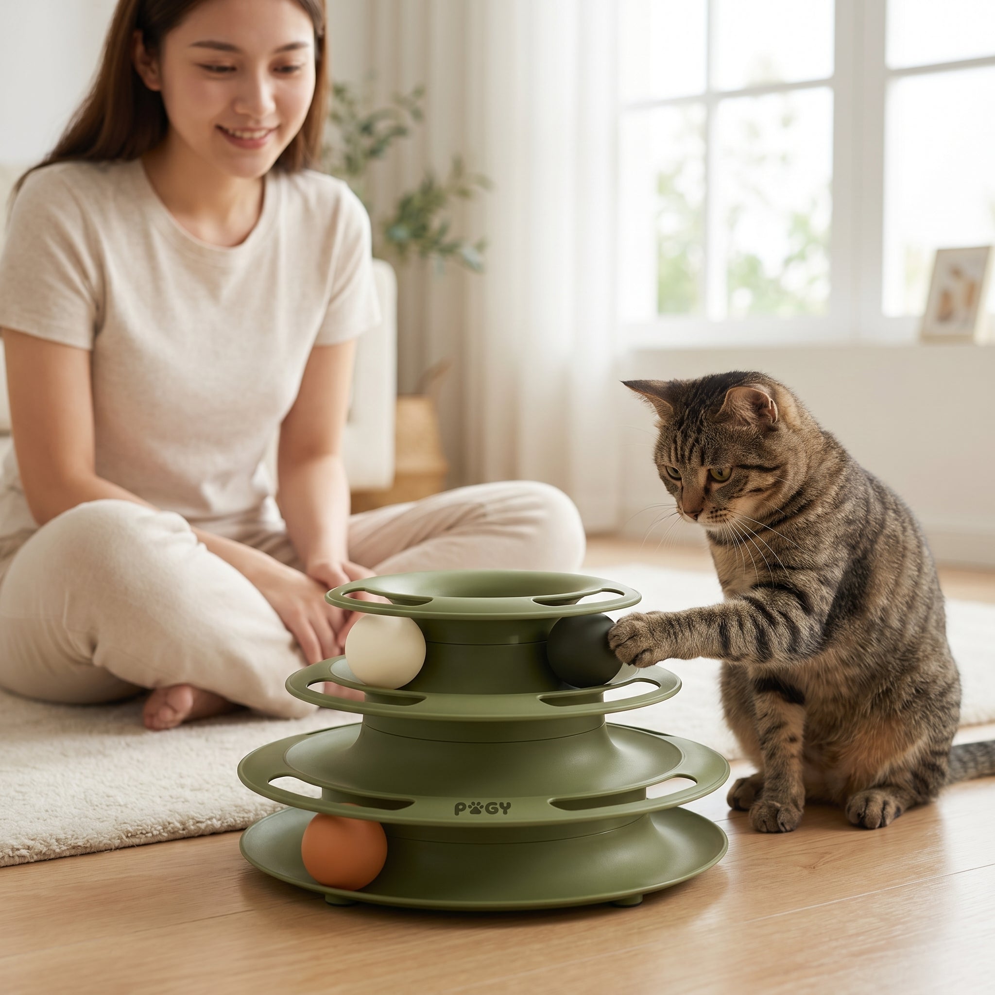Torre interativa de bolas 3 andares para gatos Pugy — montagem desmontada dos 3 andares